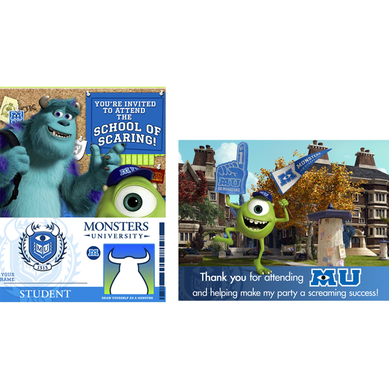 Monsters University Party Supplies - Monsters University Invitations and Thank You Post Cards